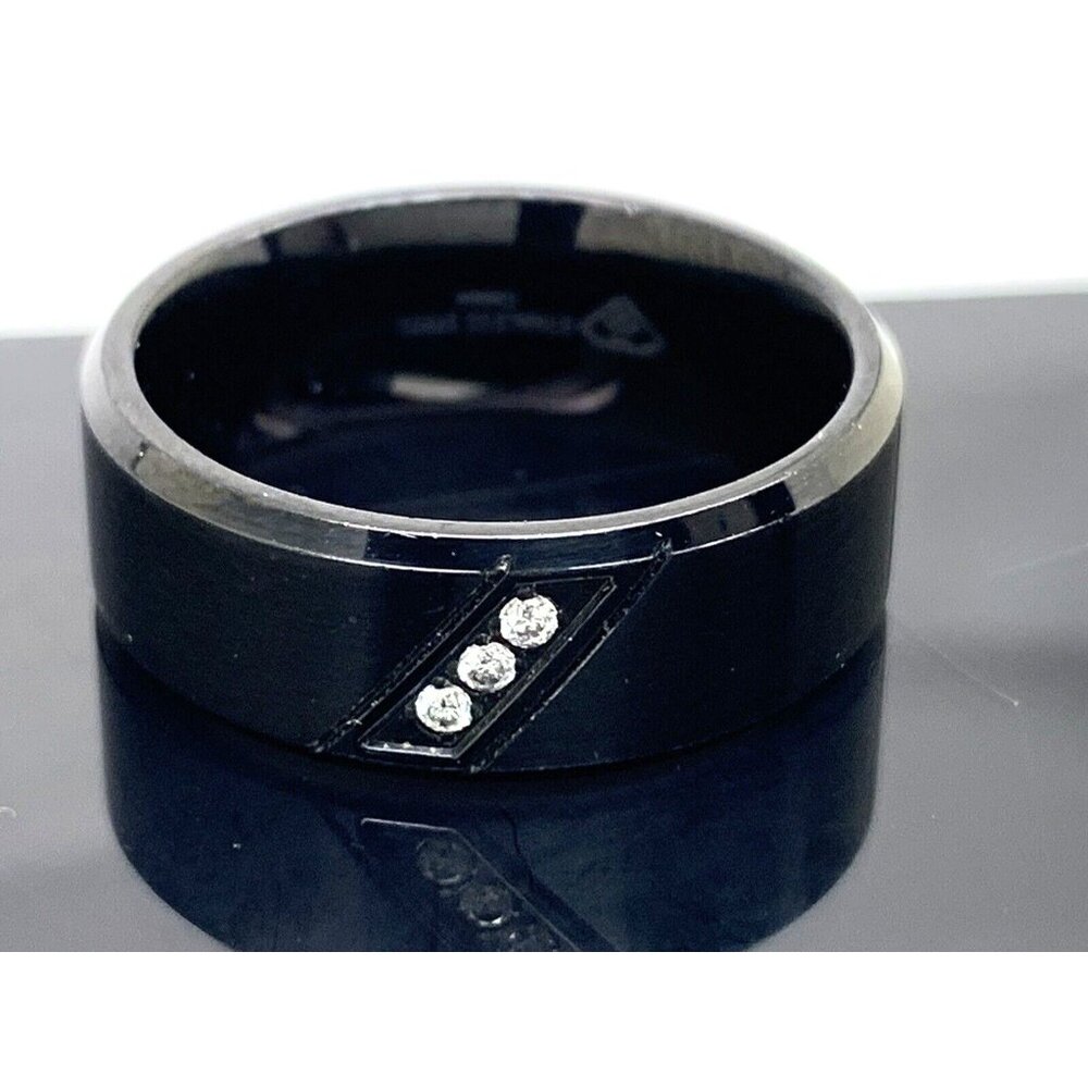 Men's Wedding Band Black Stainless Steel 0.03ctw Diamond 8mm Wide Ring Size 12